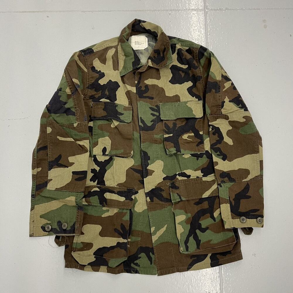 Vintage 80s US Army Woodland Camo Canvas Utility Chore Shirt